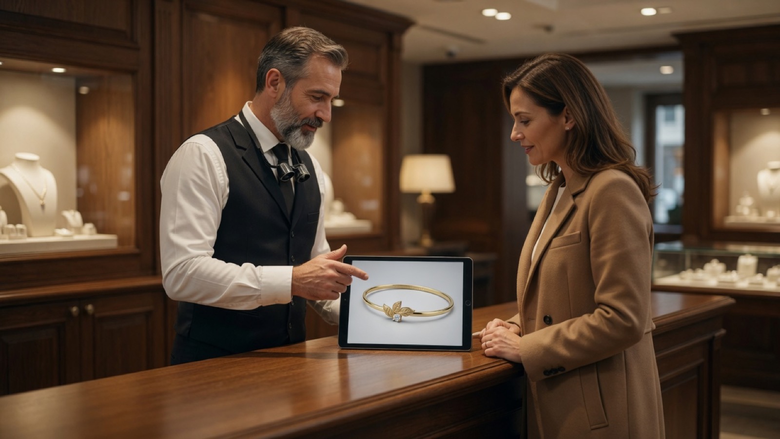 Jeweler and customer looking at the bangle